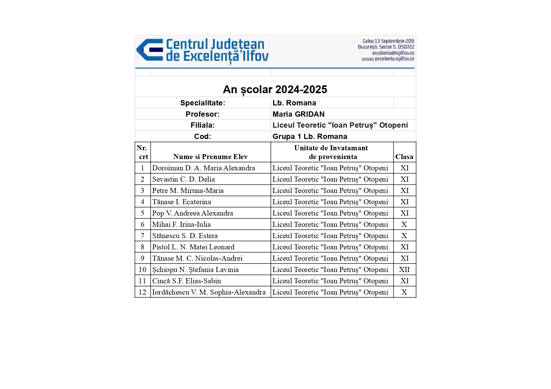 Grupa 1 Lb. Romana prof. Maria GRIDAN
